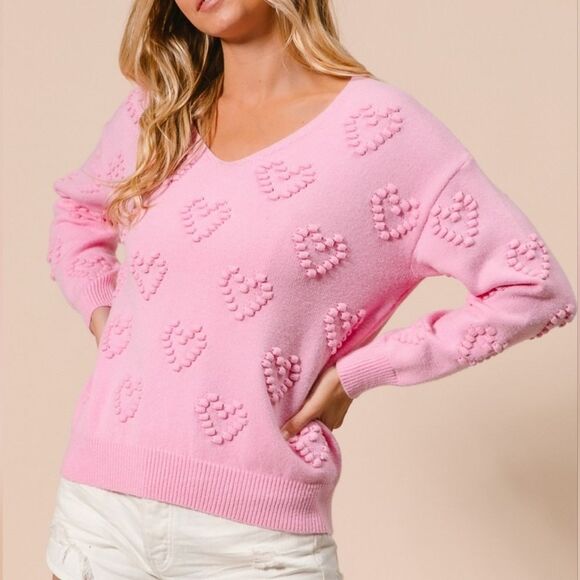 BiBi Pompom V Neck Knit Top Pale Pink Heart Pattern Sweater Sz Medium [6-8] - Picture 5 of 15